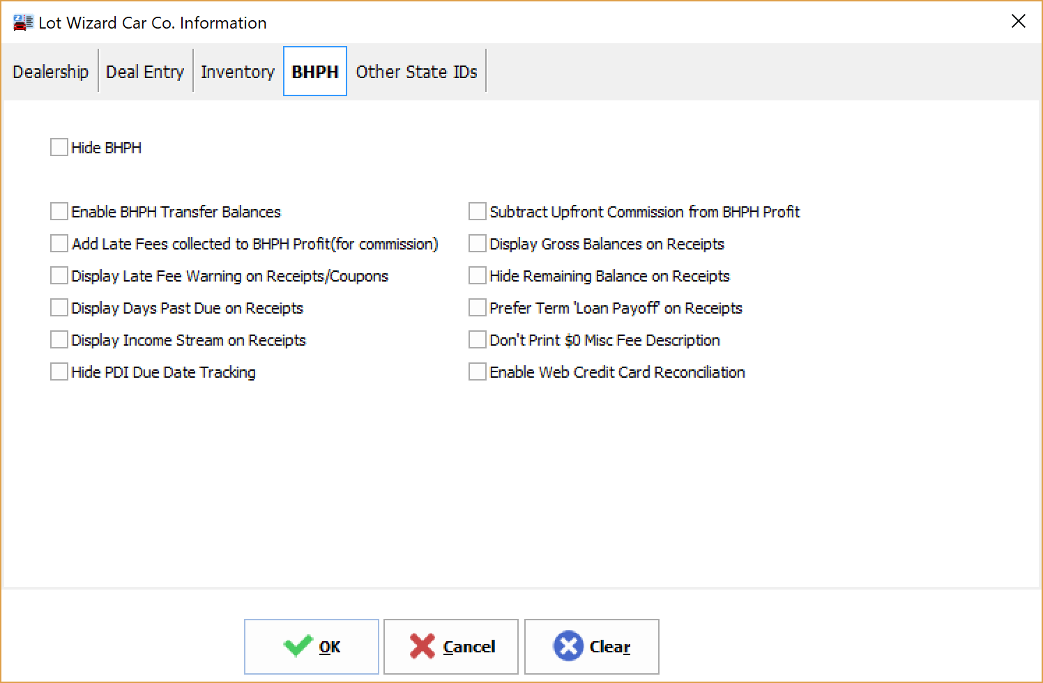 BHPH Options Tab BHPH Options Tab