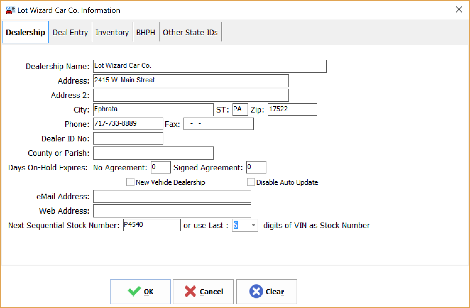 Primary dealership information