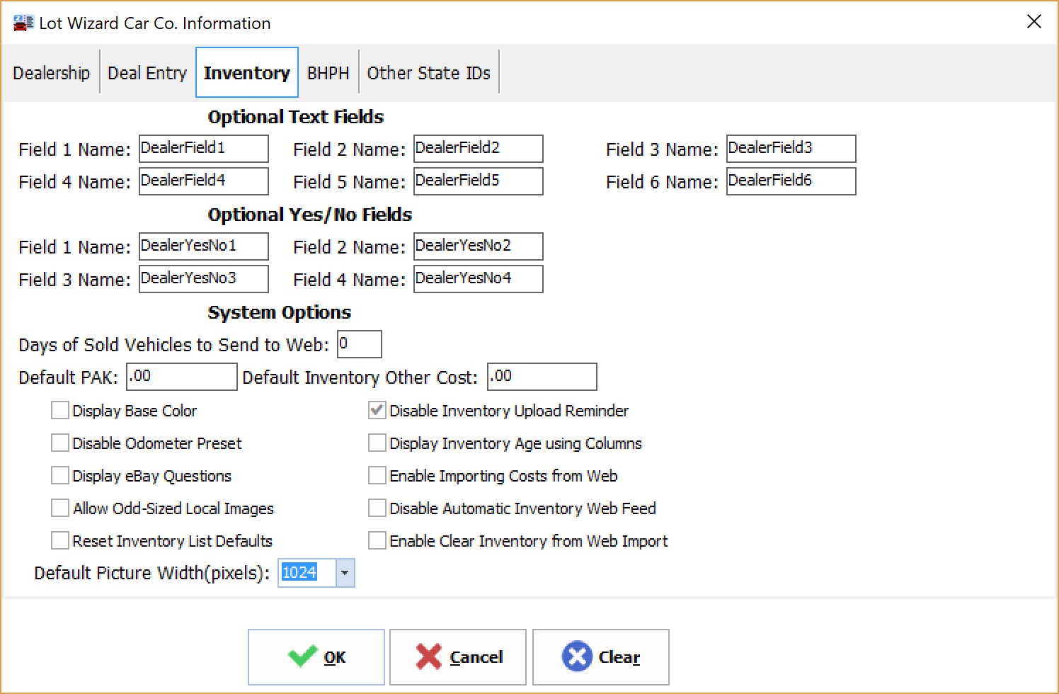 Inventory Options Tab