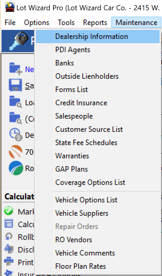 Dealer Information Menu