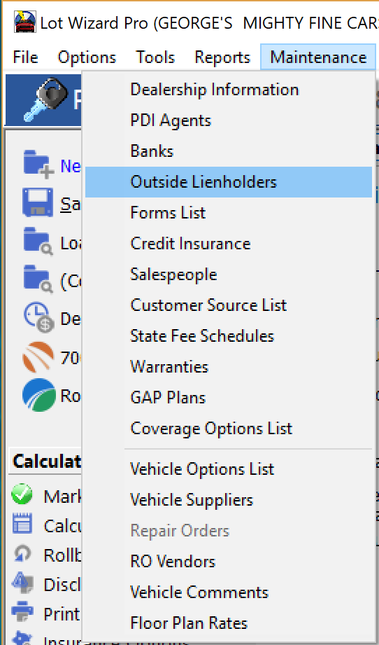 Outside Lienholder Maintenance