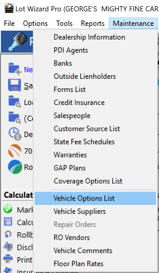 Vehicle Option List Dropdown