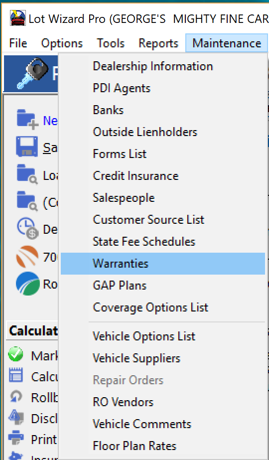 Warranty Dropdown Menu
