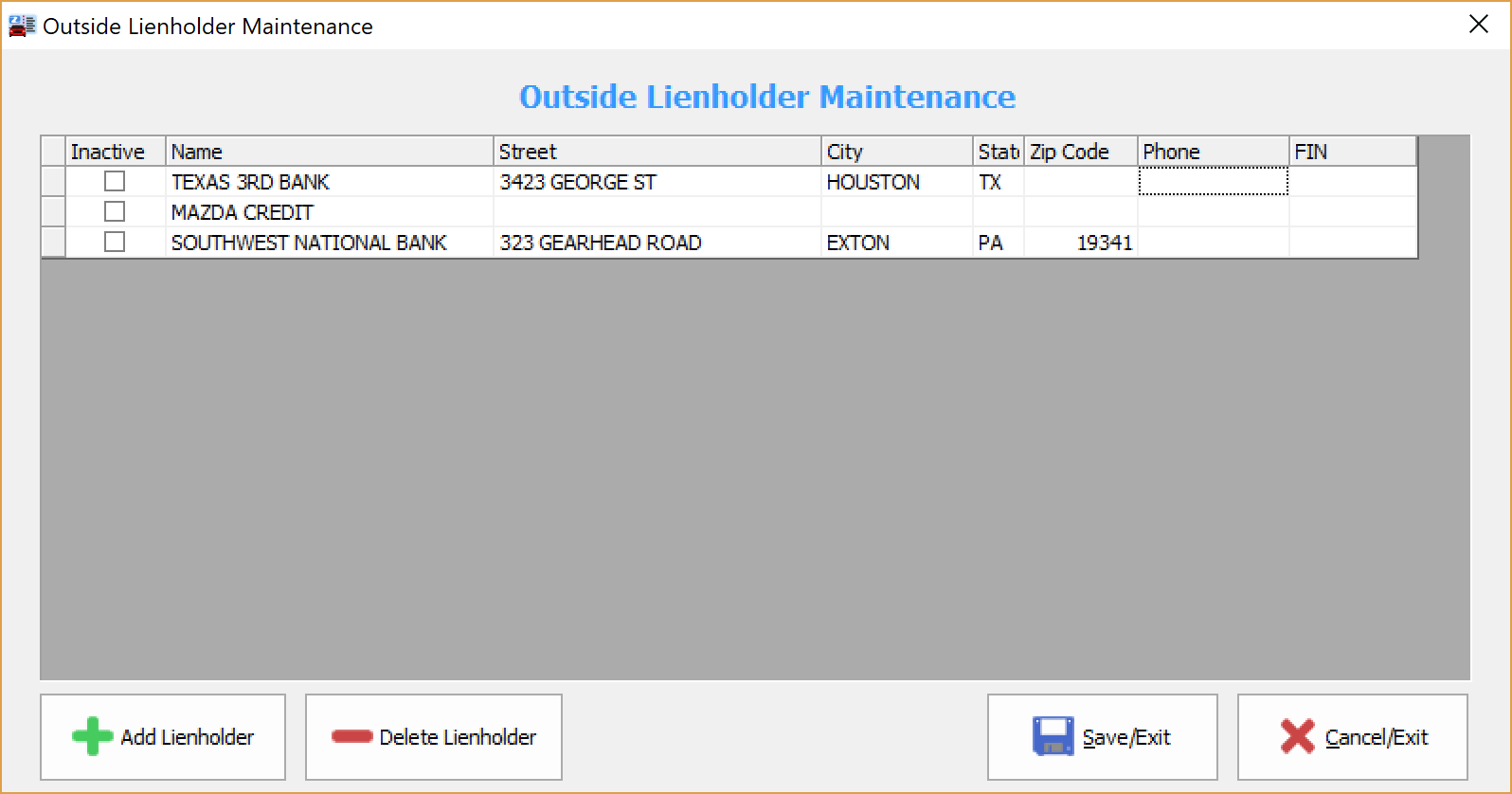 Outside Lienholder Maintenance